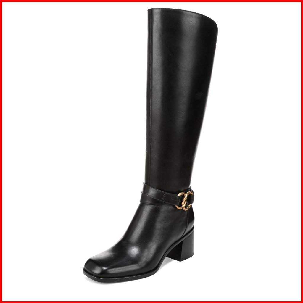 Leather Knee High Boots With Block Heel, Zip Closure, Comfort Technology
